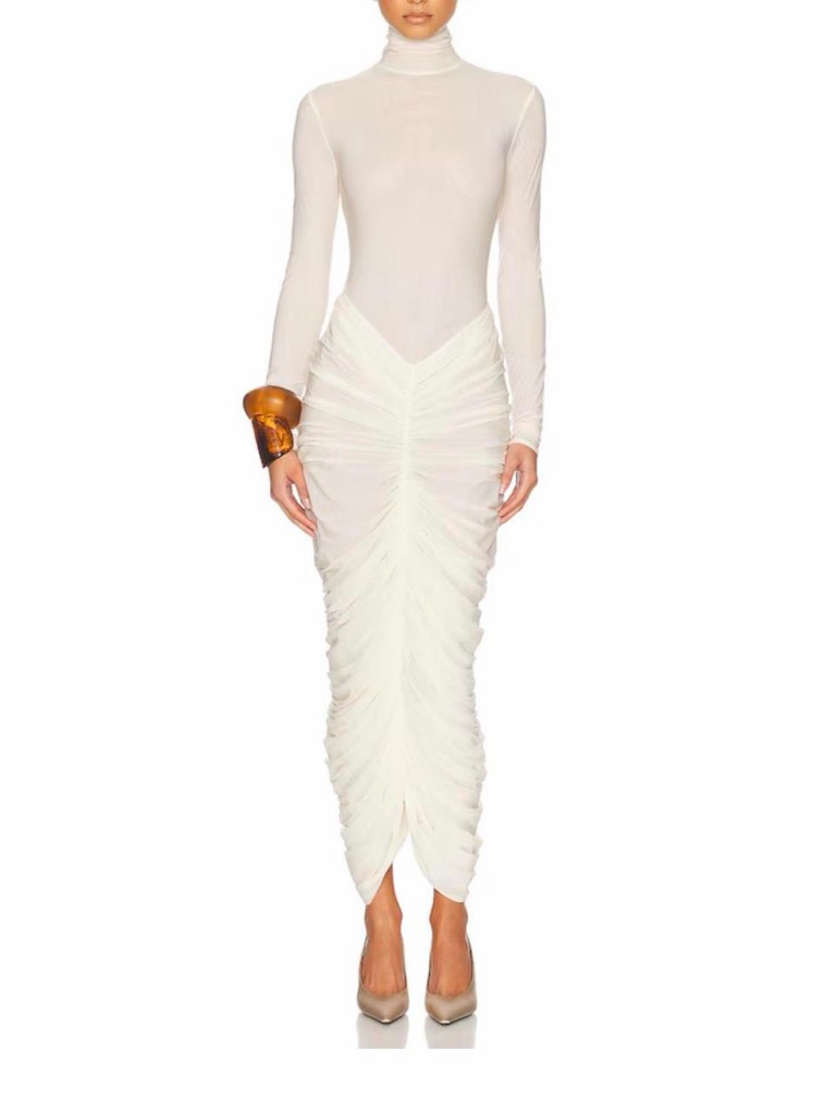 Helsa Ivory Sheer Turtleneck Maxi Dress